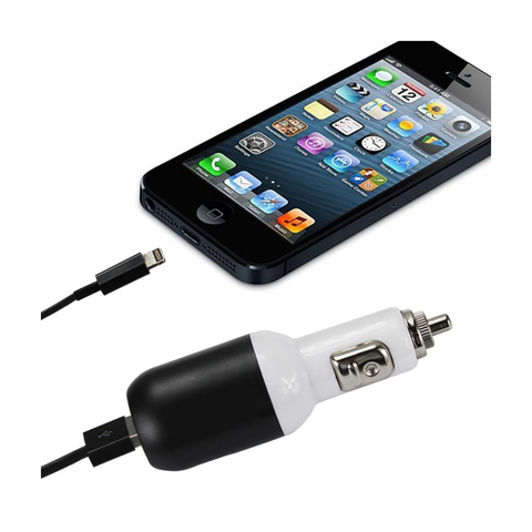 REIKO IPHONE 5/ SE 2 AMP USB CAR CHARGER WITH CABLE IN BLACK