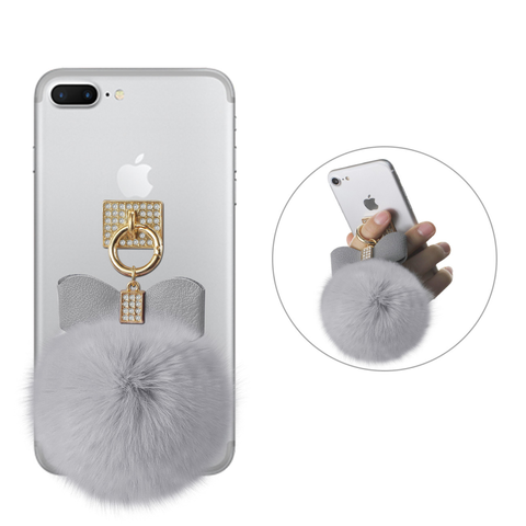 REIKO PHONE HOLDER/ FINGER LOOP GRIP WITH RHINESTONE SOFT PUFFY FUR BALL IN GRAY