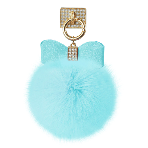 REIKO PHONE HOLDER/ FINGER LOOP GRIP WITH RHINESTONE SOFT PUFFY FUR BALL IN BLUE