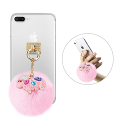 REIKO PHONE HOLDER/ FINGER LOOP GRIP WITH RHINESTONE SHEEP PENDANT SOFT PUFFY FUR BALL IN PINK