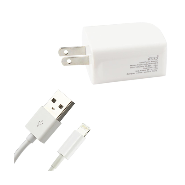 REIKO IPHONE SE/ 5S/ 5 1 AMP PORTABLE WALL USB TRAVEL ADAPTER CHARGER WITH CABLE IN WHITE