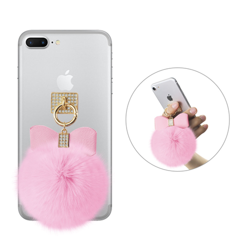 REIKO PHONE HOLDER/ FINGER LOOP GRIP WITH RHINESTONE SOFT PUFFY FUR BALL IN PINK