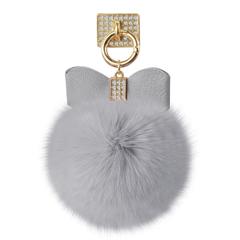 REIKO PHONE HOLDER/ FINGER LOOP GRIP WITH RHINESTONE SOFT PUFFY FUR BALL IN GRAY