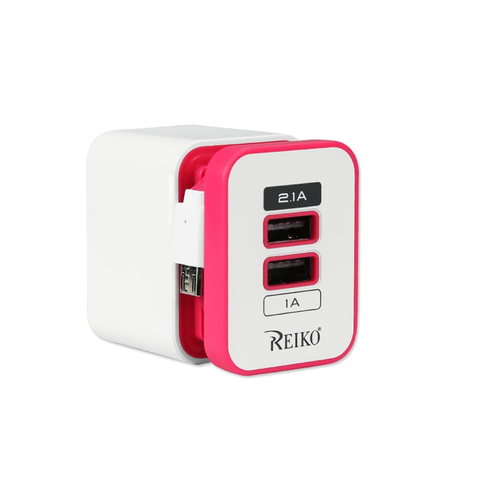 REIKO 2 AMP DUAL PORT PORTABLE TRAVEL ADAPTER CHARGER IN HOT PINK