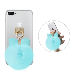 REIKO PHONE HOLDER/ FINGER LOOP GRIP WITH RHINESTONE SOFT PUFFY FUR BALL IN BLUE