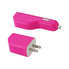 REIKO MICRO 1 AMP 3-IN-1 CAR CHARGER WALL ADAPTER WITH USB CABLE IN HOT PINK