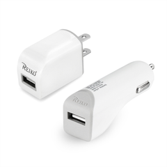 REIKO MICRO 1 AMP 3-IN-1 CAR CHARGER WALL ADAPTER WITH USB CABLE IN WHITE