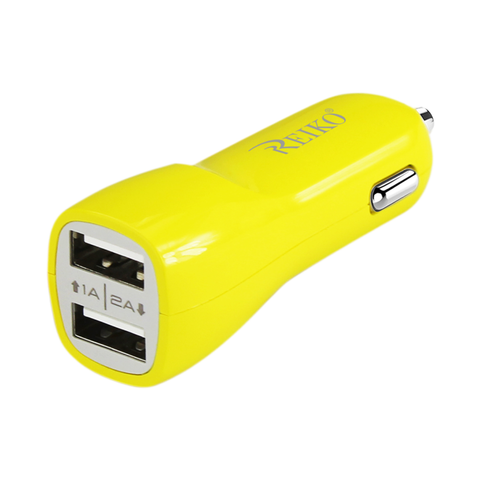 REIKO MICRO USB 2 AMP DUAL USB PORTS CAR CHARGER IN YELLOW