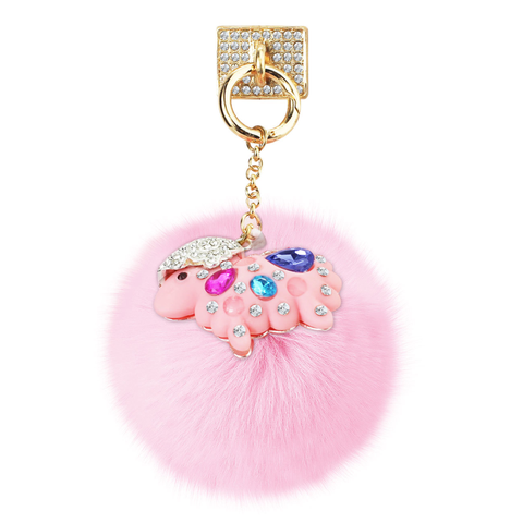 REIKO PHONE HOLDER/ FINGER LOOP GRIP WITH RHINESTONE SHEEP PENDANT SOFT PUFFY FUR BALL IN PINK