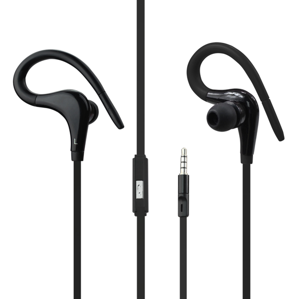 REIKO 3.5MM UNIVERSAL SPORT STEREO HEADPHONES WITH TANGLE FREE FLAT CABLE AND MIC IN BLACK