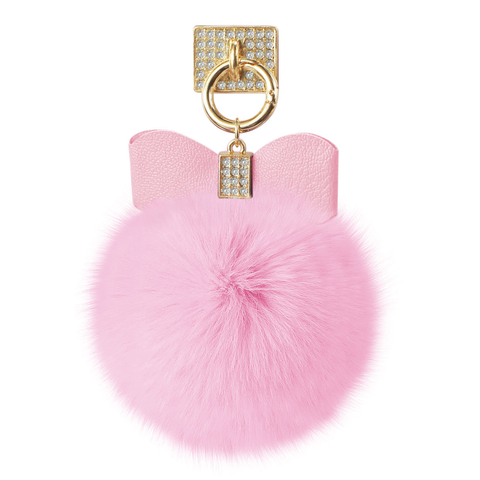 REIKO PHONE HOLDER/ FINGER LOOP GRIP WITH RHINESTONE SOFT PUFFY FUR BALL IN PINK